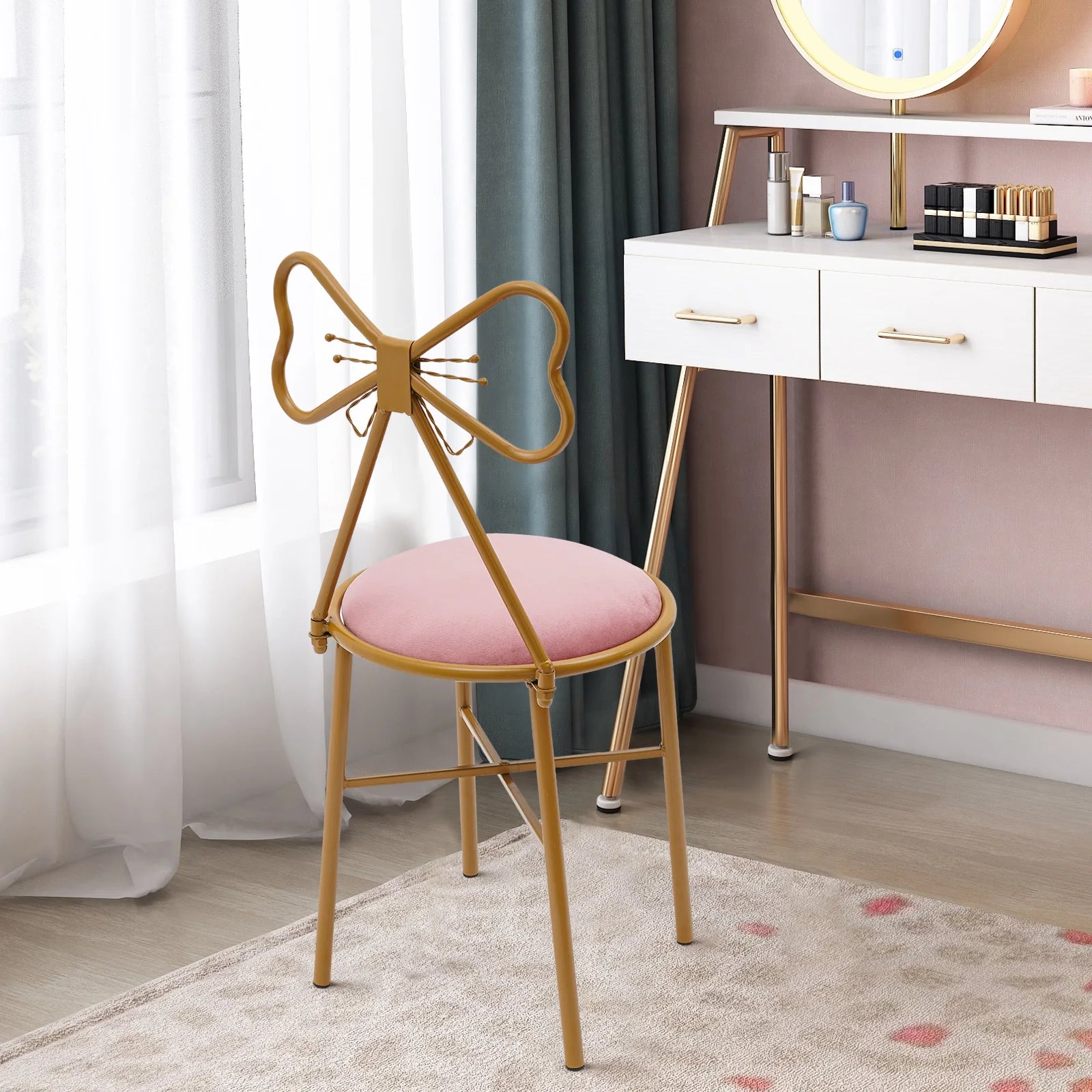 Deep Pink Makeup and Dressing Chair with Bow Shaped Backrest for Restaurants, Nail Salons/Parties
