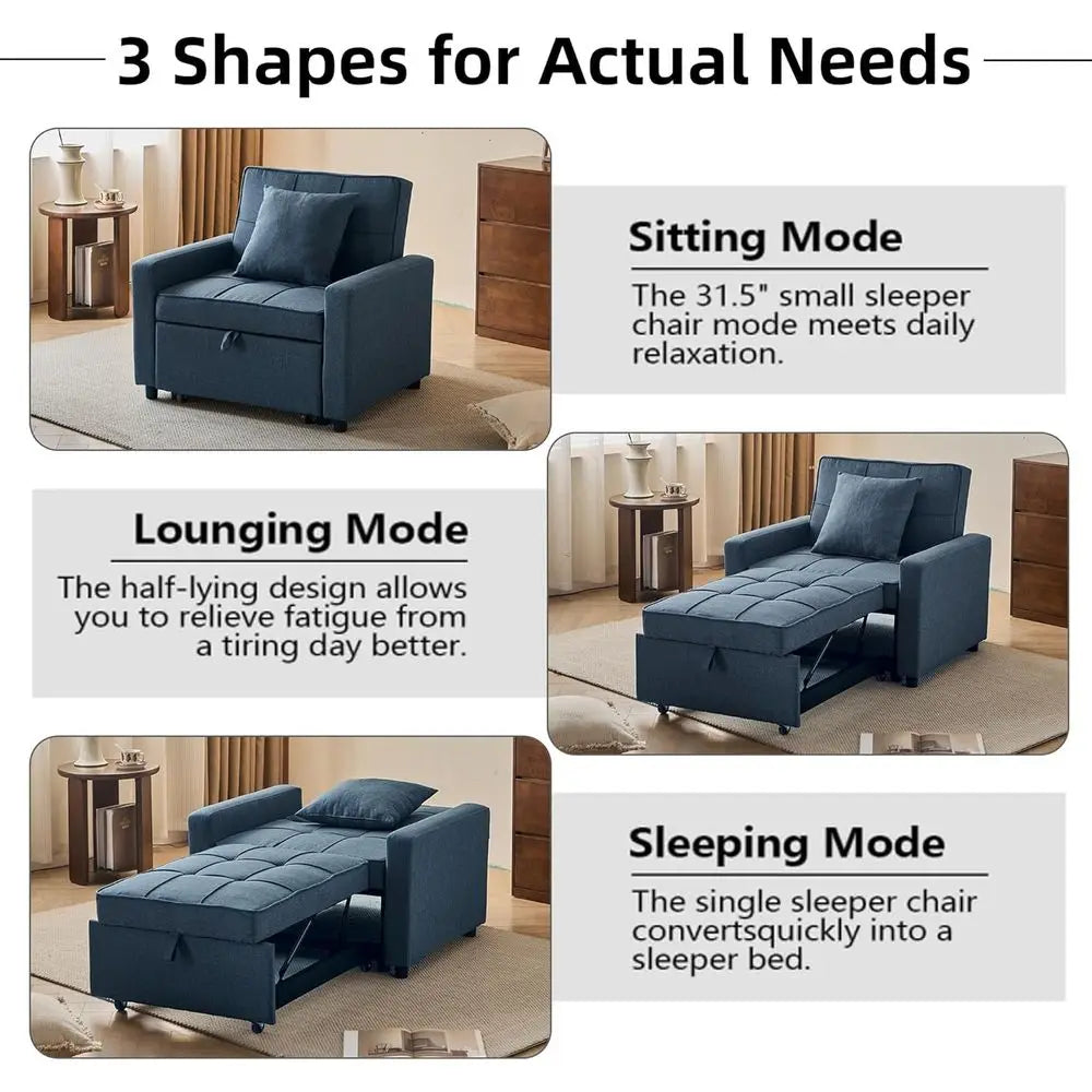 Convertible Sofa Bed with Reclining Backrest and Pull-Out Sleeper, 3-in-1 Blue Couch (35.6)