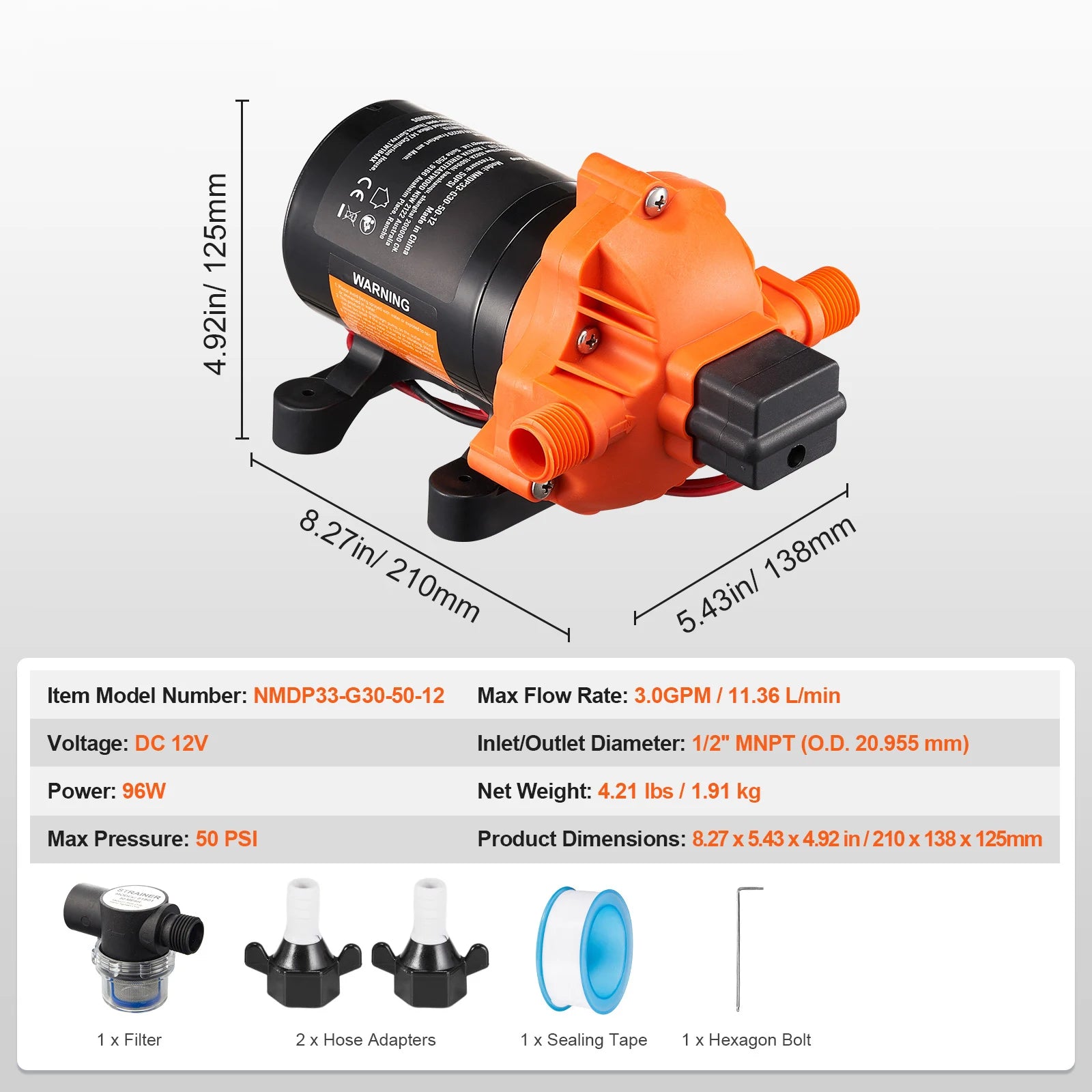 12V Diaphragm Pump 1.8/3/3.5/5 GPM 3/4/5-Chamber 40-100 PSI Adjustable 1/2'' MNPT Port for RV/ Yacht/ Food Truck/ Camper