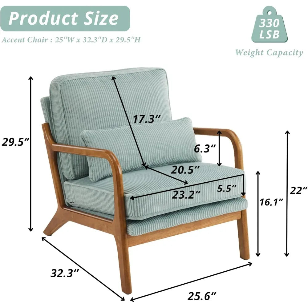 Karl home Mid-Century Modern Accent Chair, Living Room Chairs with Pillow Corduroy Upholstered Lounge Armchair with Solid Wood