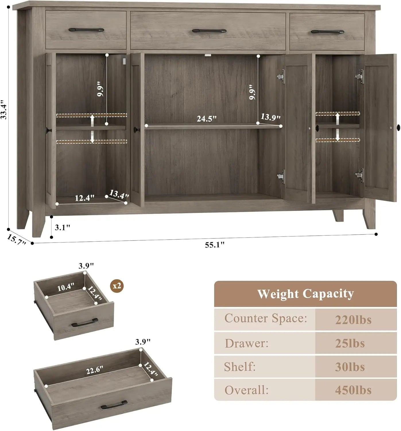 55" Modern Farmhouse Sideboard Buffet with Drawers, Large Kitchen Storage Cabinet, Adjustable Shelves, Grey
