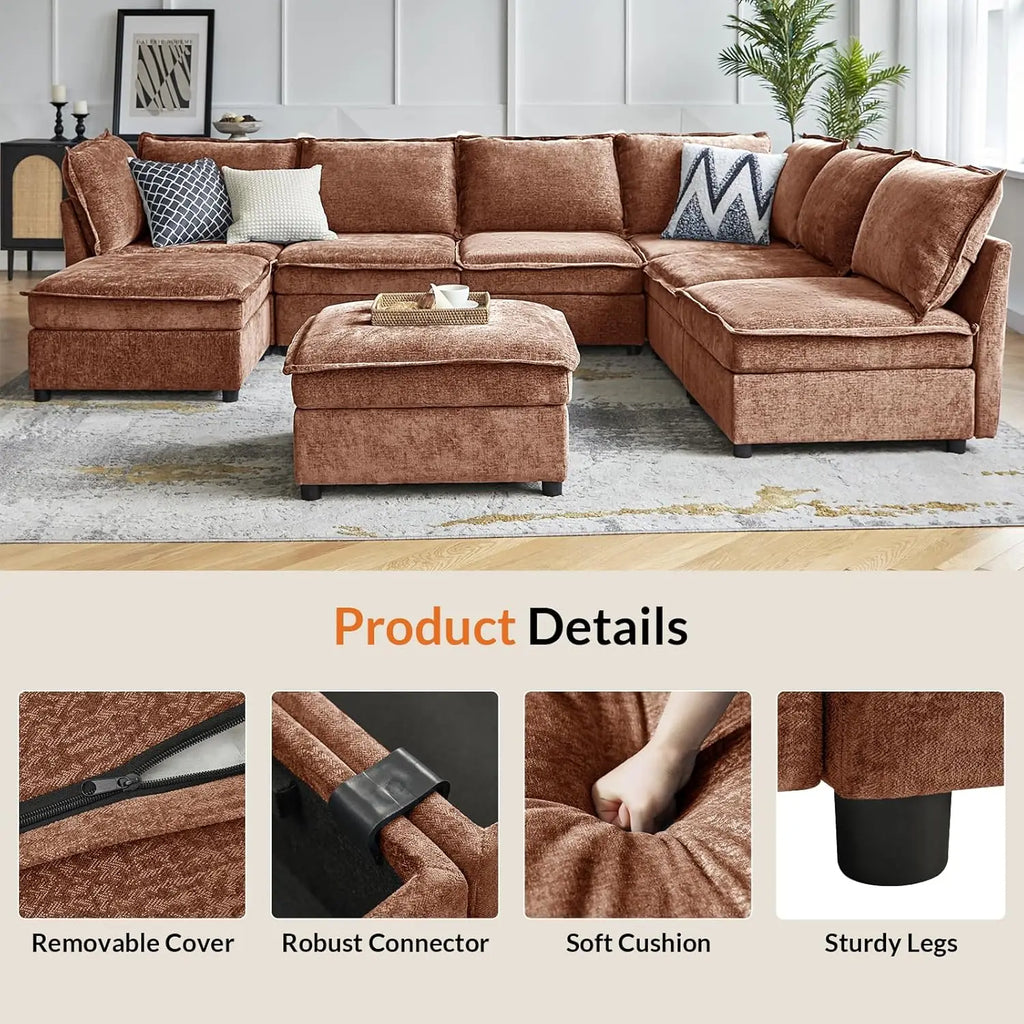 Oversized Modular Sectional Sofa, 8 Seat U Shaped Couch with Storage Ottoman, Comfy Chenille Sofa with Deep Seats