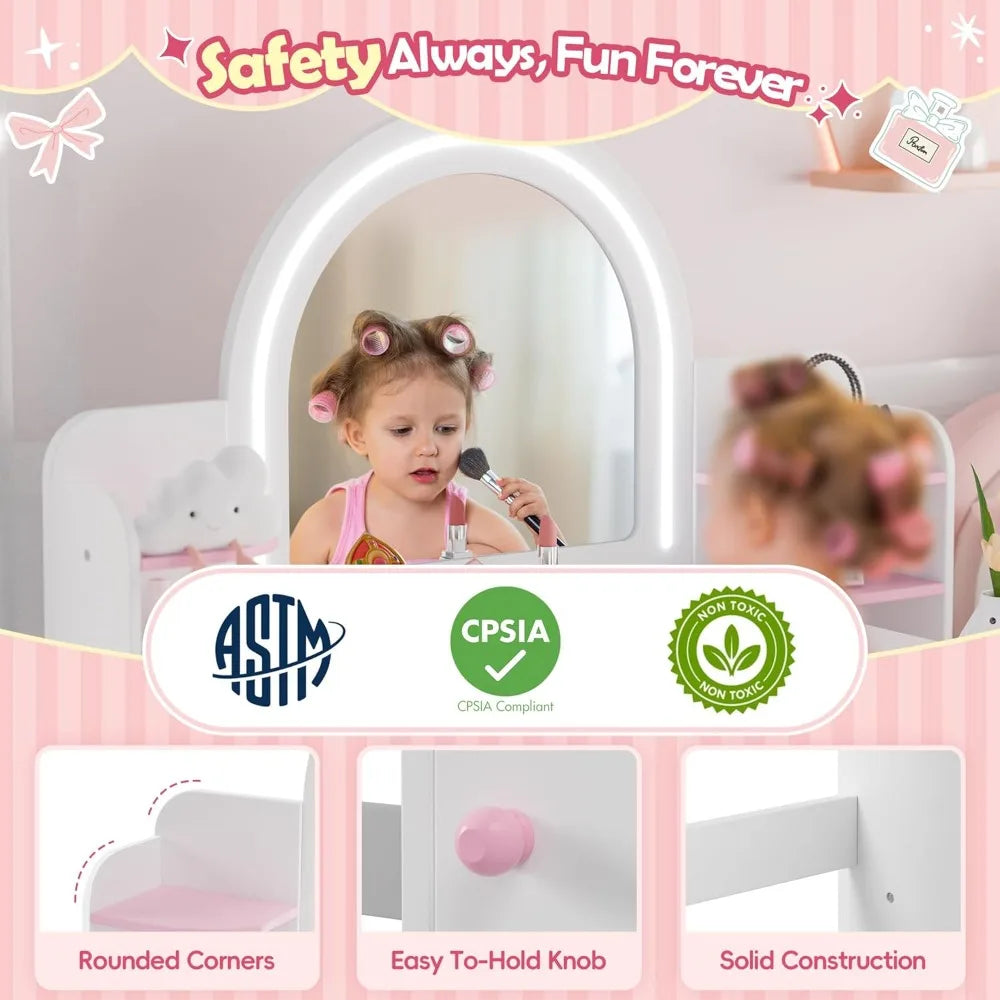 Children's Princess Makeup Vanity with Illuminated Mirror, Storage, and Bookshelf Combo
