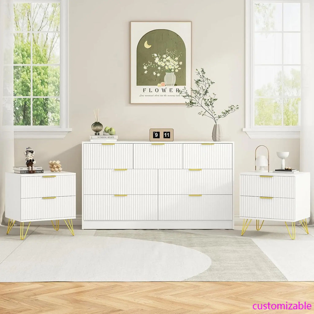 Mid-Century 3-Piece Bedroom Furniture Set: 2-Nightstands and 7-Drawer Dresser with Gold Hardware