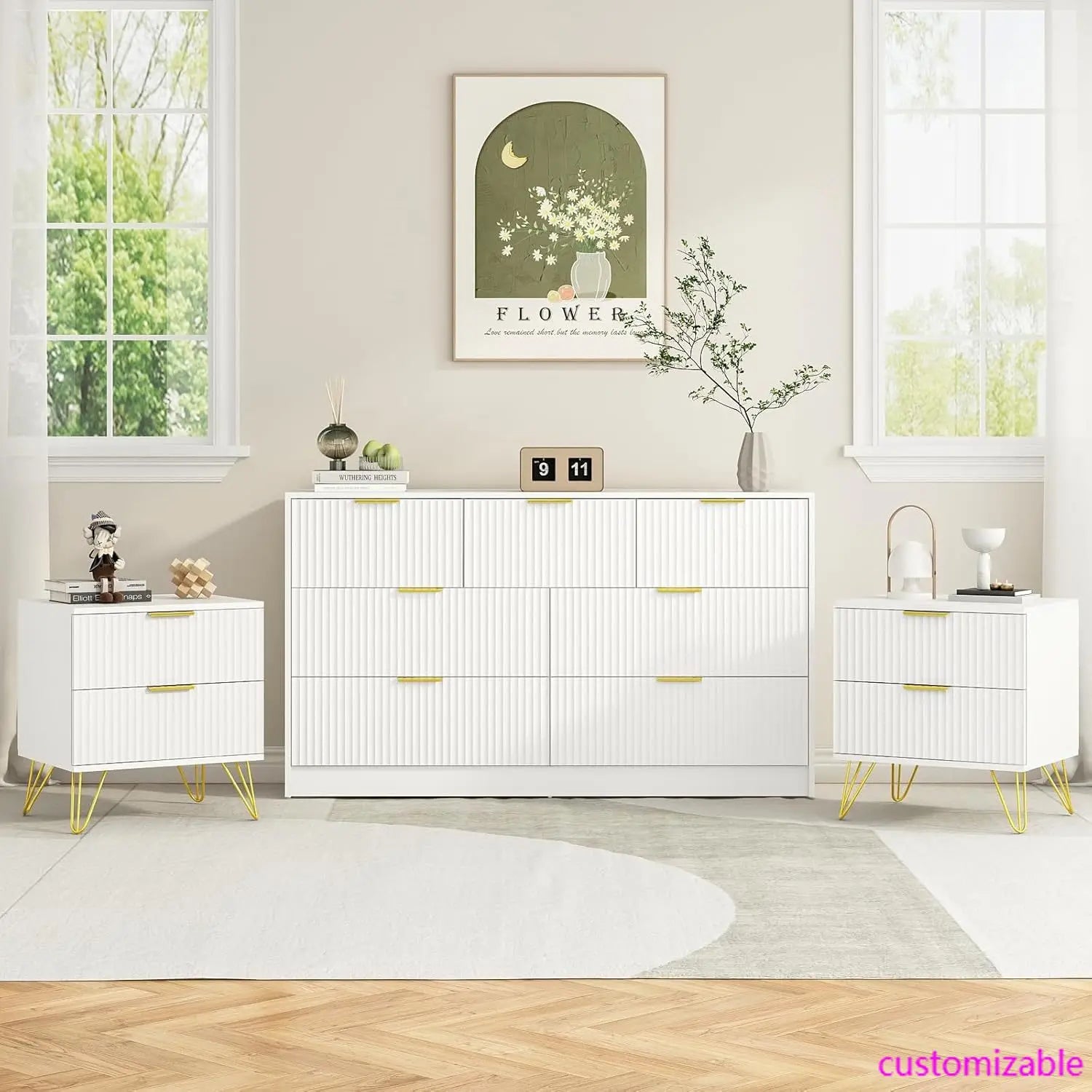 Mid-Century 3-Piece Bedroom Furniture Set: 2-Nightstands and 7-Drawer Dresser with Gold Hardware