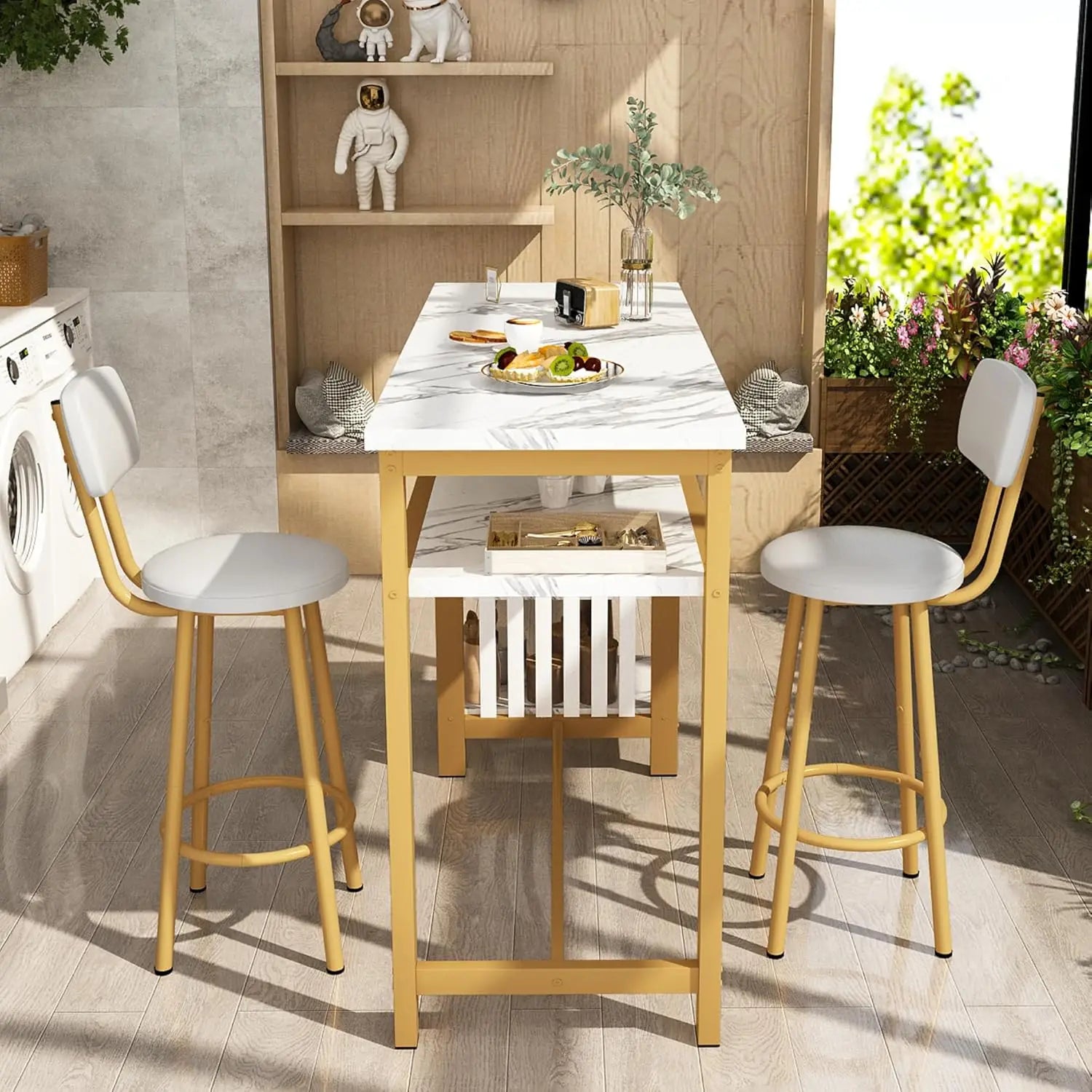3-Piece Bar Table and Chairs Set, Modern White Faux Marble Table with 2 Cushion Bar Stools, Kitchen Counter