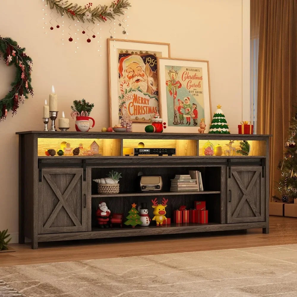 80" LED Farmhouse TV Stand for 90/85/80" TVs, Tall Entertainment Center Storage Cabinets w/Power Outlets and Sliding Barn