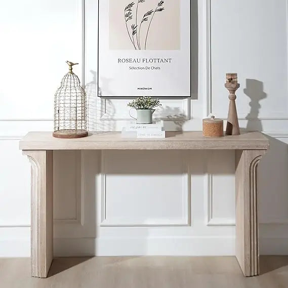 Narrow Farmhouse Style Console Table, 58 Inches Long, Decorative Carved Base, Modern Accent for Entryway or Behind Sofa
