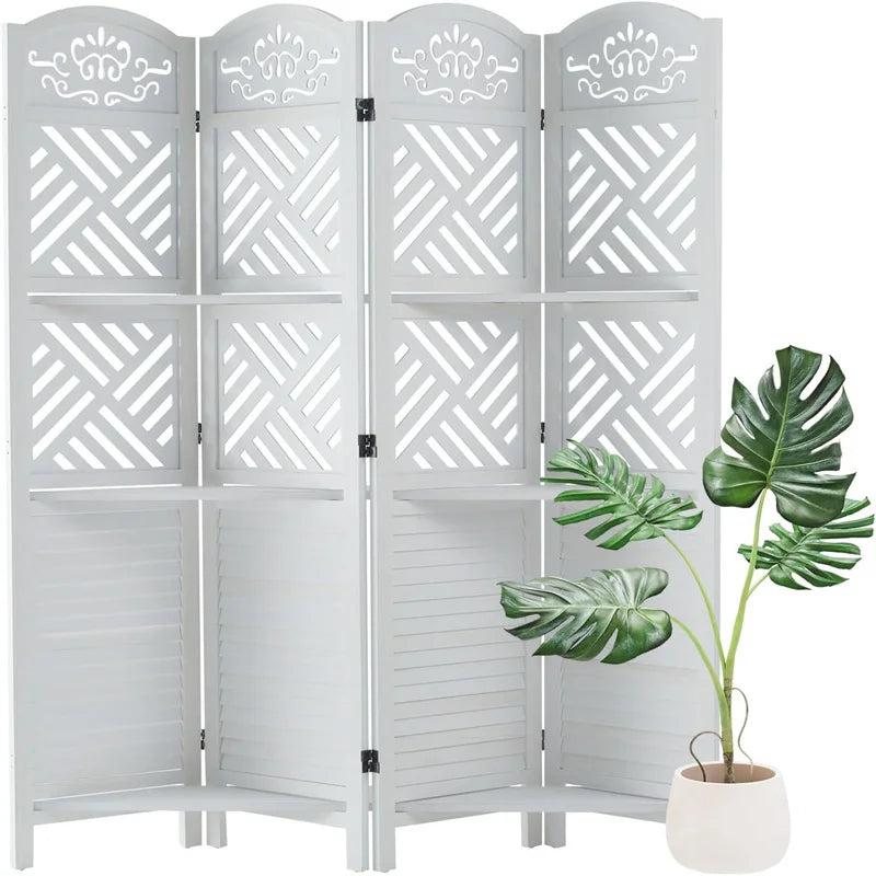 4 Panels Room Divider with Shelves, 5.75ft Tall Folding Wood Carved Screen