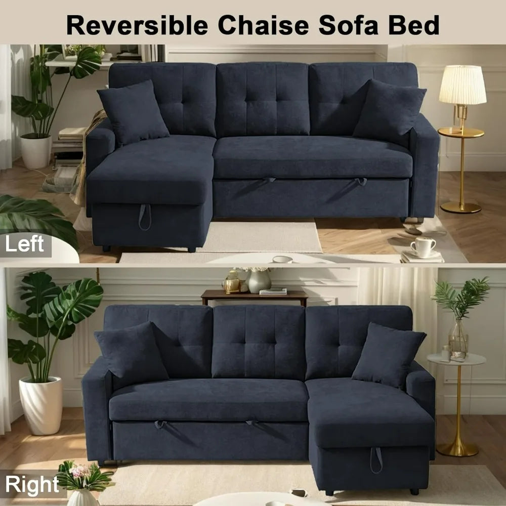 Modern L-Shaped Sofa Bed with Reversible Storage Chaise, Black Convertible Sectional Sofa featuring USB Ports and 3-in-1 Sleeper