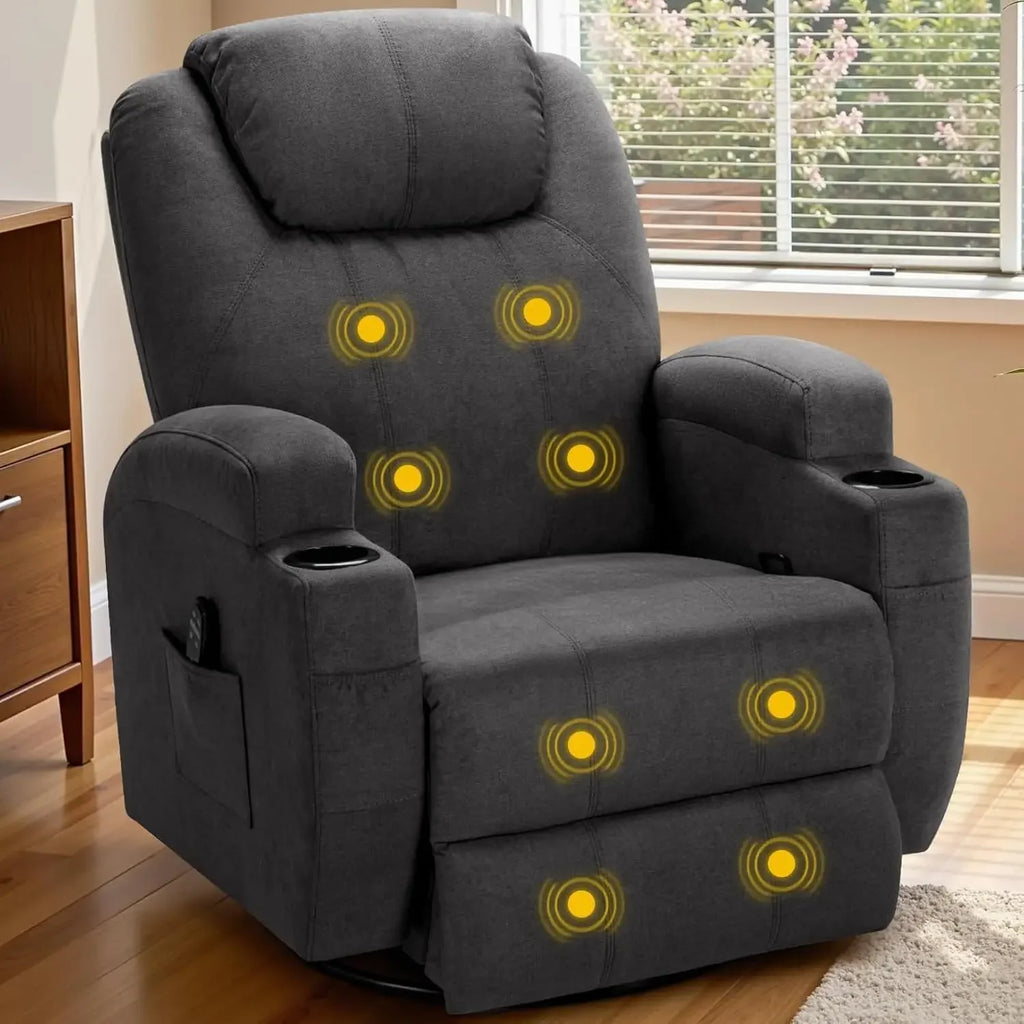 Recliner Chair, 360° Swivel Rocker Chair for Adults, Rocking Recliner Chair with Massage, Comfy with Side Pockets