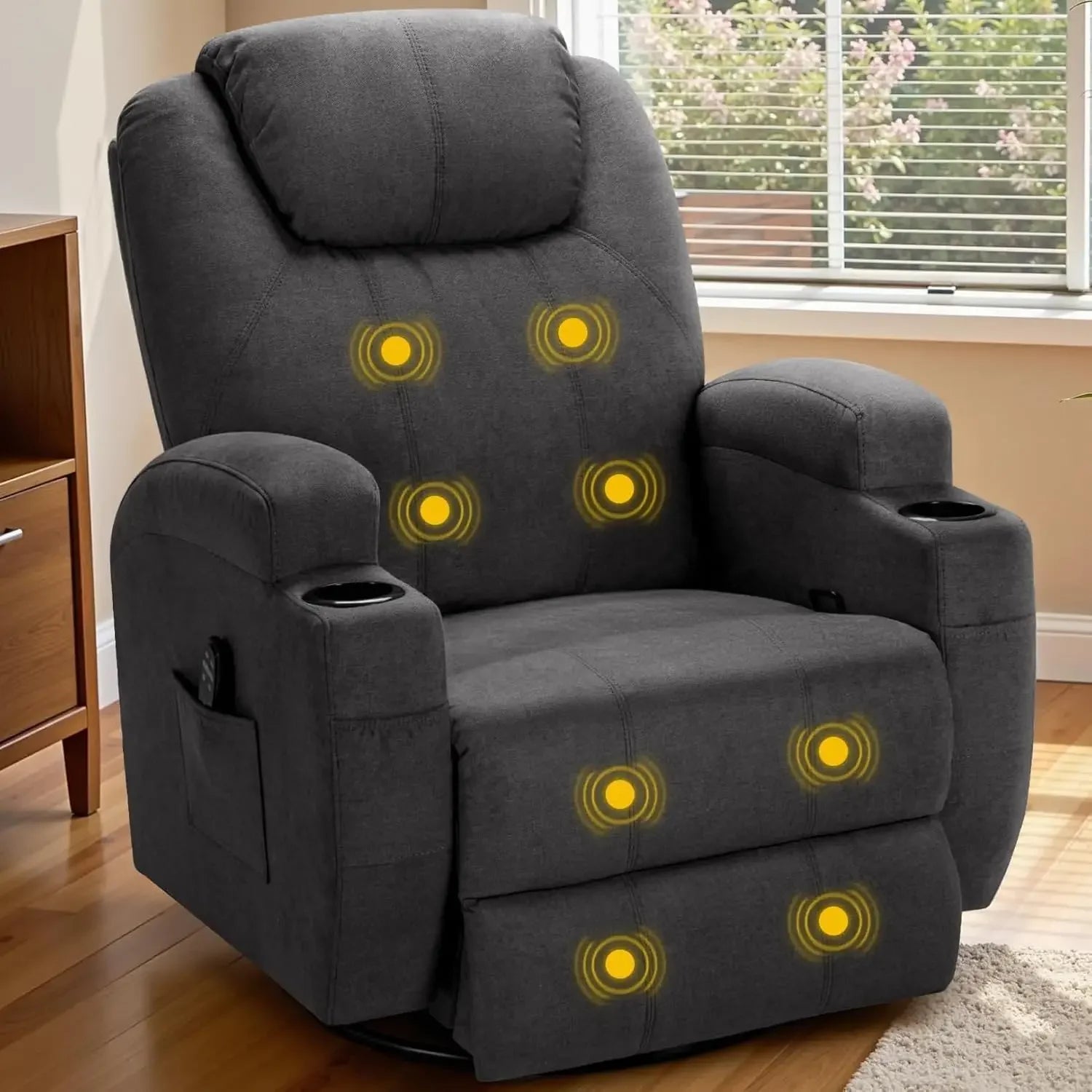 Recliner Chair, 360° Swivel Rocker Chair for Adults, Rocking Recliner Chair with Massage, Comfy with Side Pockets