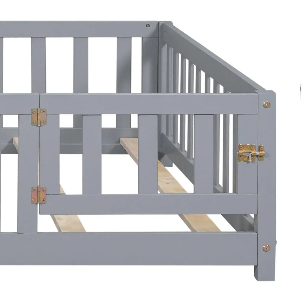 Wooden Full Size Floor Bed Frame with Fence And Door for Kids/ Toddler Bed with Support Slats Girls Boys