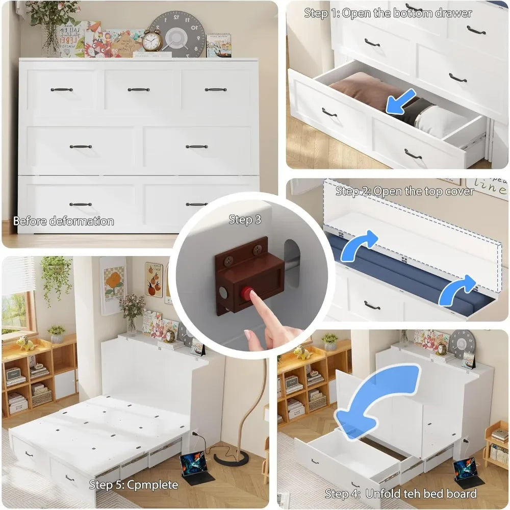 Multi-Functional Murphy Cabinet Bed, Queen Size Bed Frame, Murphy Bed Chest with Built-in Power Strip & Drawers