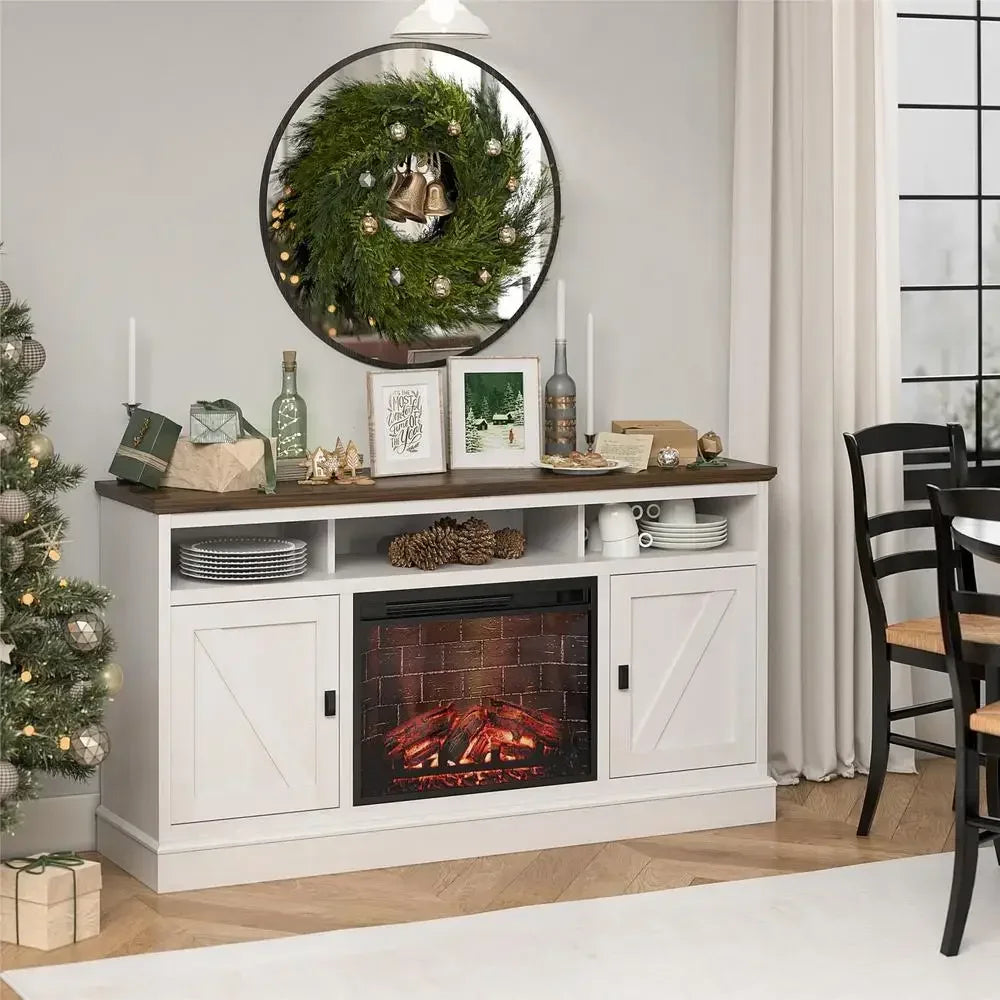TV Console Fireplace Heater Remote Control Freestanding LED Electric Oak Walnut 65" TVs 400sqft Organizing Gaming