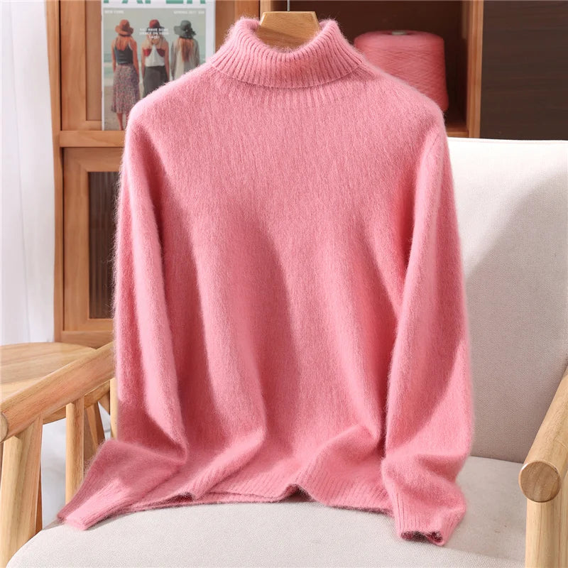 Autumn And Winter 100% Mink Cashmere Sweater, Ladies' High Lapel Solid Color Padded Pullover Wool Knitted Bottoming Shirt