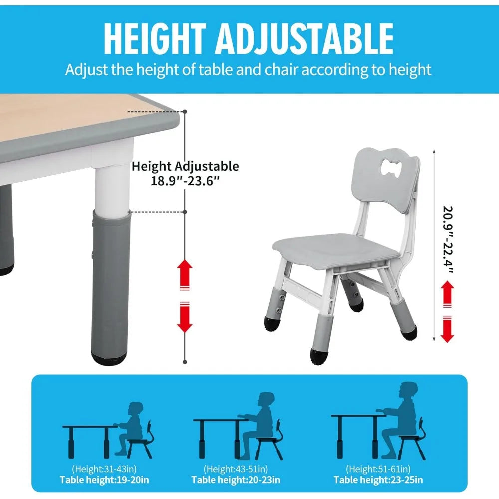 Kids Table and Chairs Set, Height Adjustable Toddler Study Table and Chairs, Arts & Crafts Table, Suitable for Ages 2-10, Child