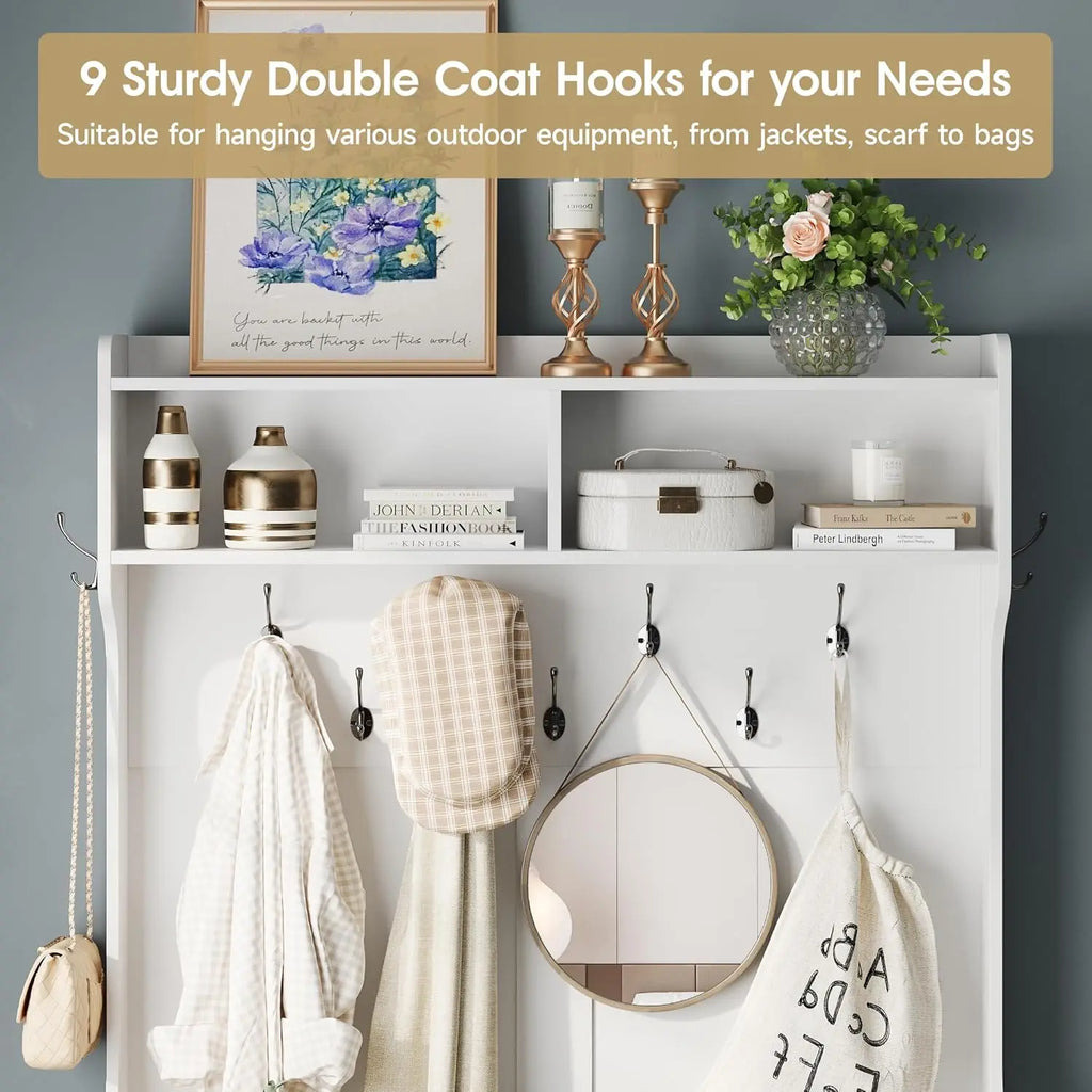 4-in-1 Entryway/Hallway Tree with Shoe Storage, 77" Coat Rack with 18 Shoes Cubbies & 9 Coat Hooks