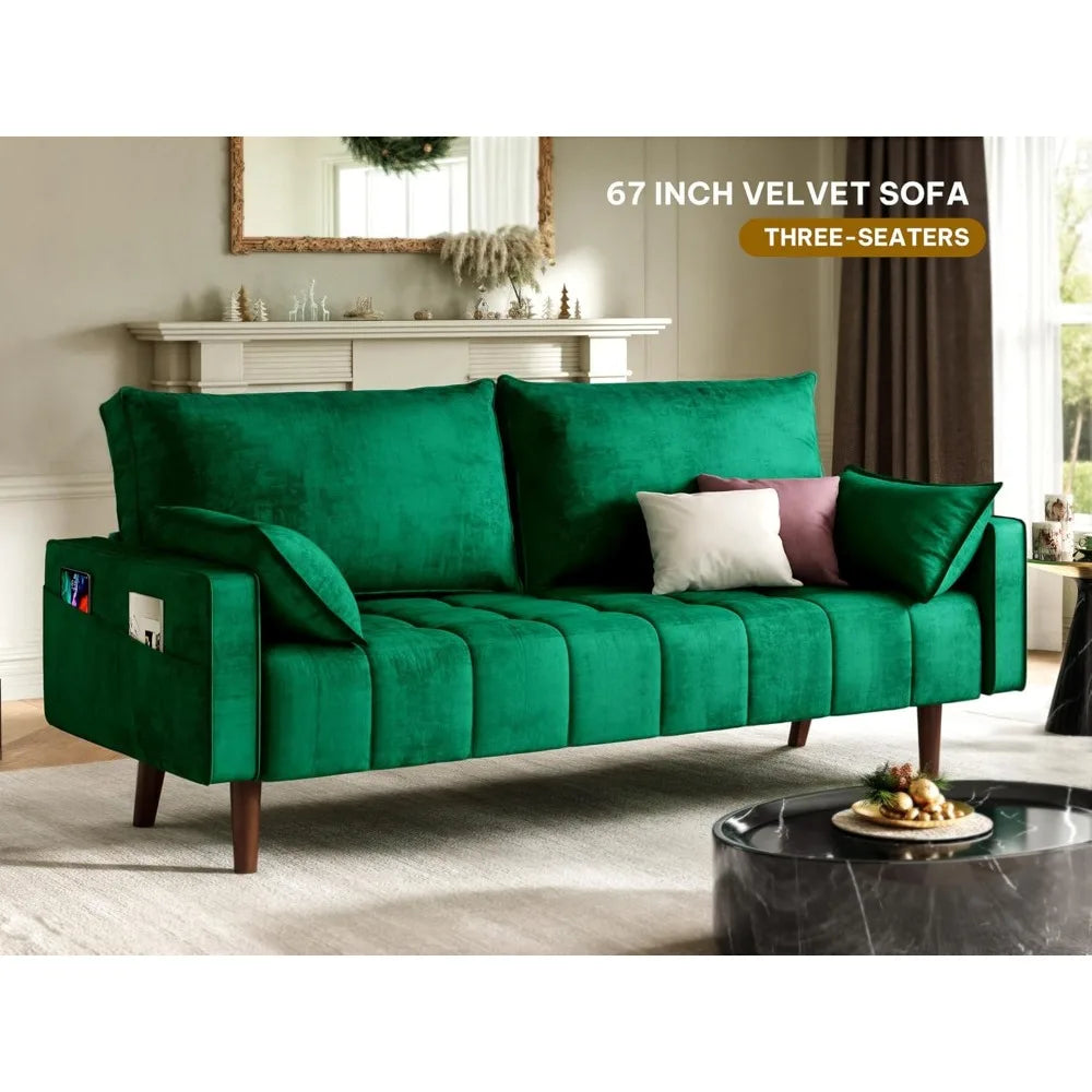 67" Loveseat Sofa, Velvet Fabric Sofa Couch for Small Space, Modern Loveseat with Button Tufted Seat and Side Storage Pockets