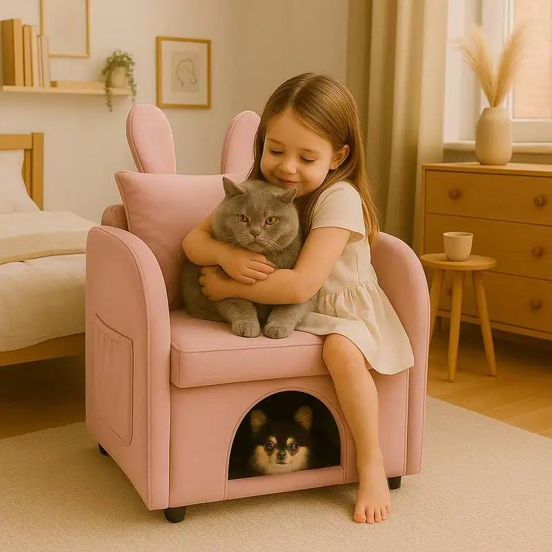 Pet-Friendly Velvet Pink Bunny-Ear Armchair with Cat & Dog Hideaway, Plush Dual-Use Chair with Side Pocket, 27.4 x 25.2 x 37.4