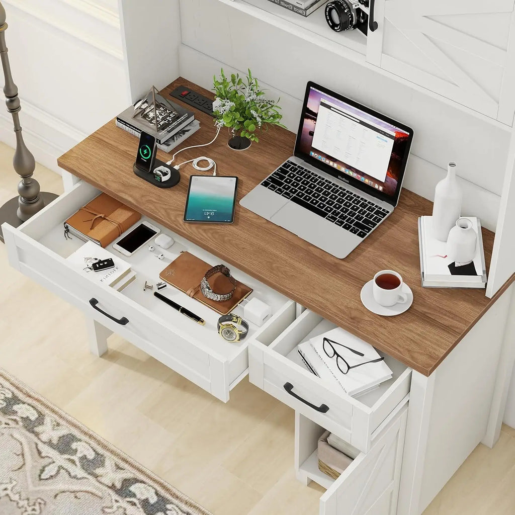 Farmhouse 47" Executive Desk, Computer Desk with Drawers and Storage Cabinet, Home Office Desk with Hutch