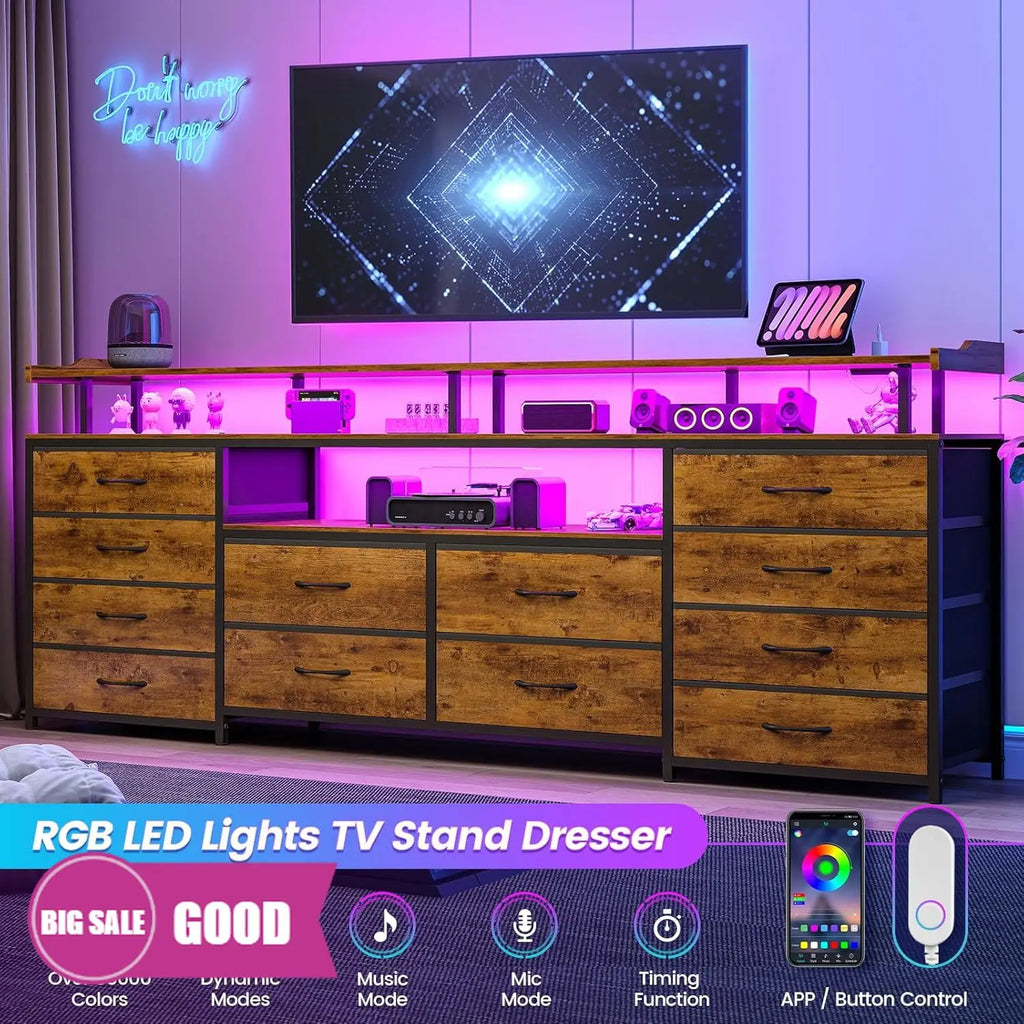 Entertainment Center with LED Lights & Power Outlets, 12 Drawers/ TV Stand Dresser for 65/70" TV, 63" Large LED TV Stand