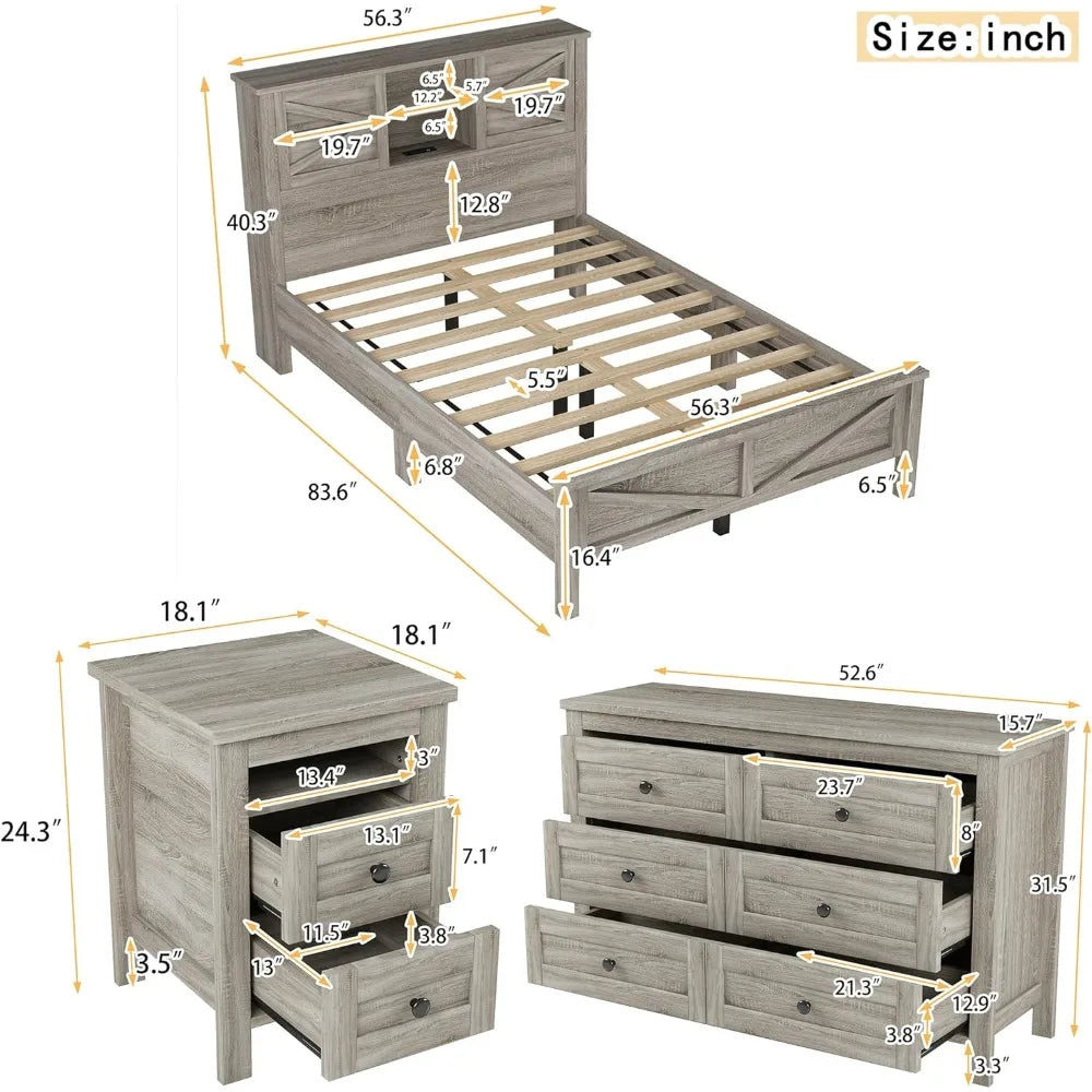 Full Size Bedroom Furniture Set, Full Size Platform Bed with Nightstand and Dresser, Wood Platform Bed with Double Sliding Door