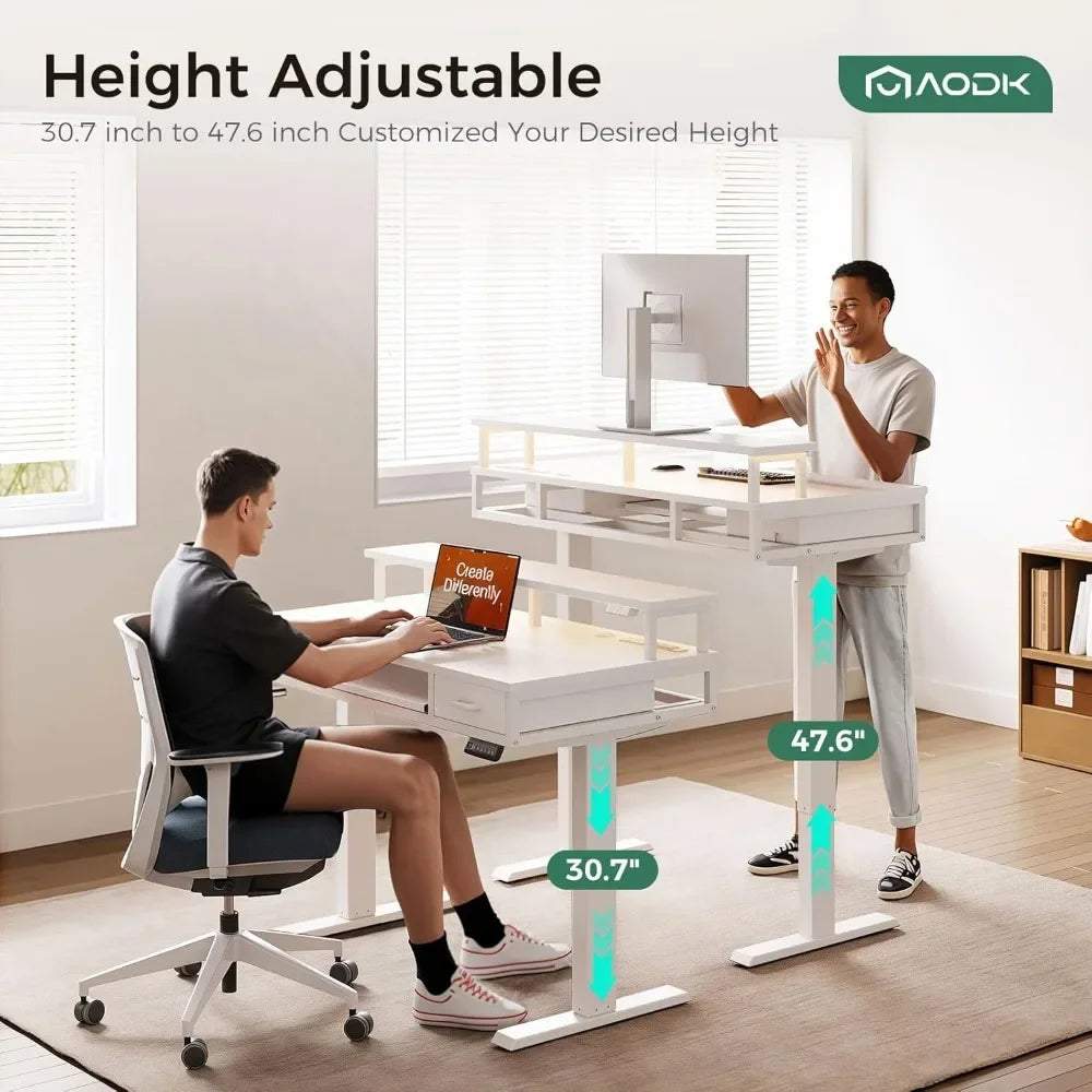 Electric Standing Desk with Drawers & Keyboard Tray, 47 Inch Height Adjustable Small Gaming Desk with Power Outlets & LED Light