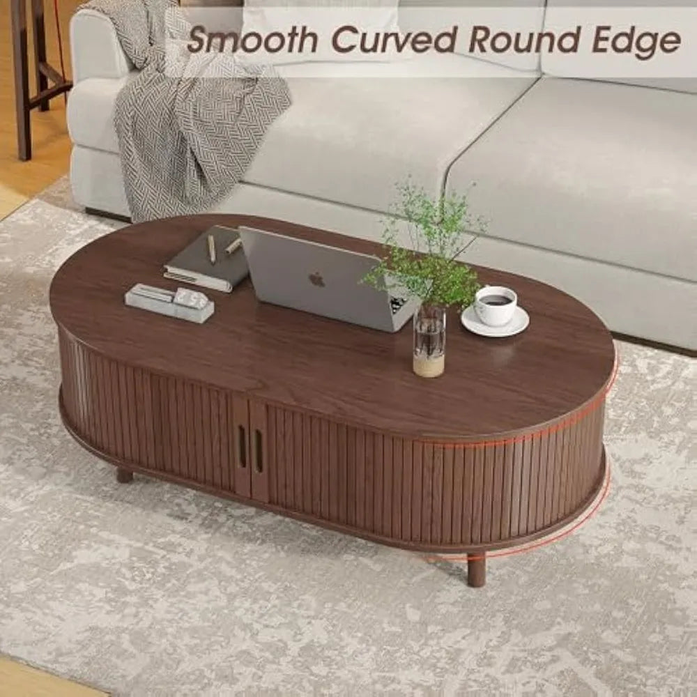 Oval Coffee Table, Mid Century Modern Coffee Table with Sliding Tambour Door, Fluted Center Table with Hidden Storage, Curved