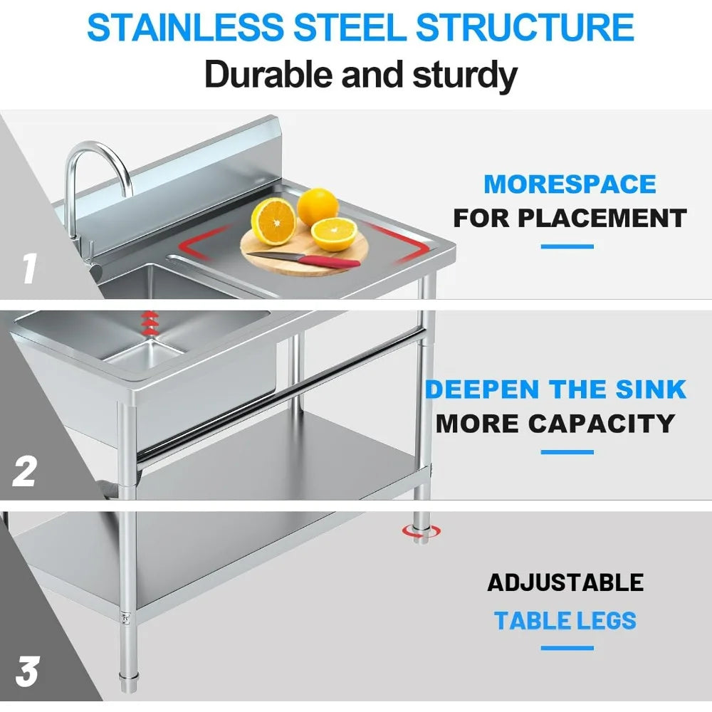 Stainless Steel Freestanding Laundry Sink with Single Bowl, Hot/Cold Water Connections, Workbench, and Storage