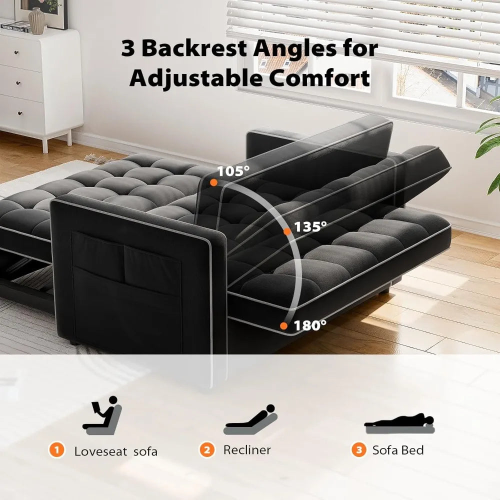 3 in 1 Convertible Sleeper Sofa Bed, Pull Out Couch for Living Room with USB Ports & Side Pockets, Adjustable Backrest ,Velvet