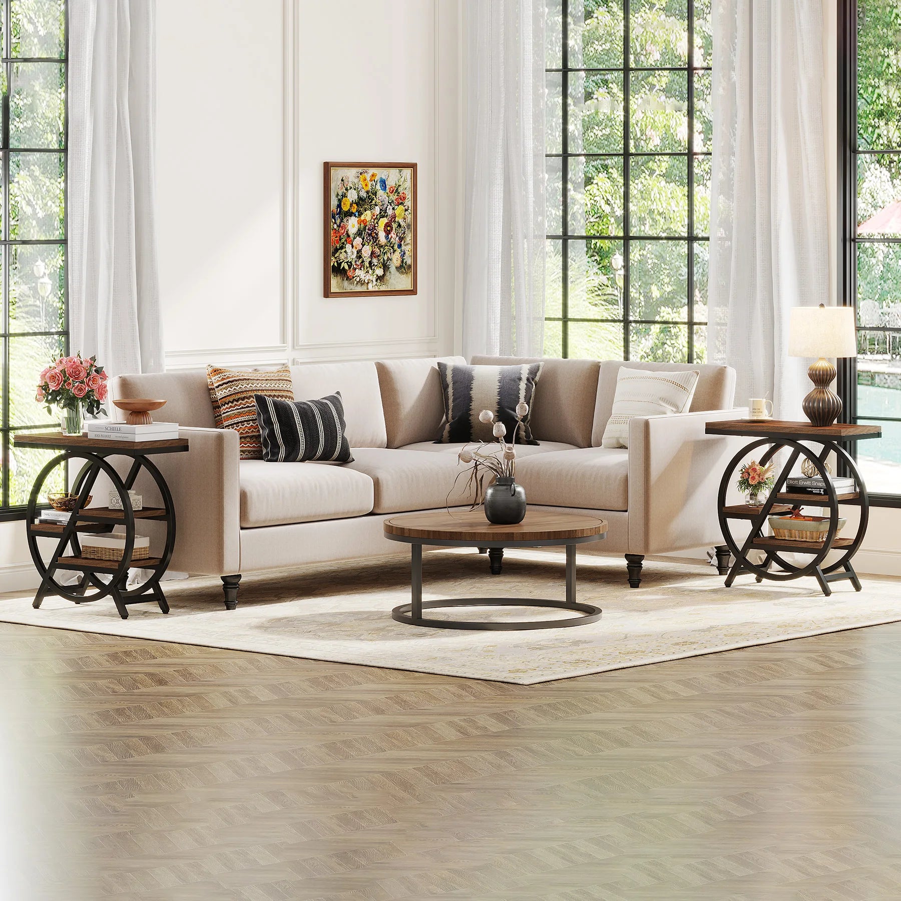 Tribesigns End Table for Living Room, 3-Tier Narrow Side Table with Storage, Wood Sofa Side Table with Geometric Metal Frame