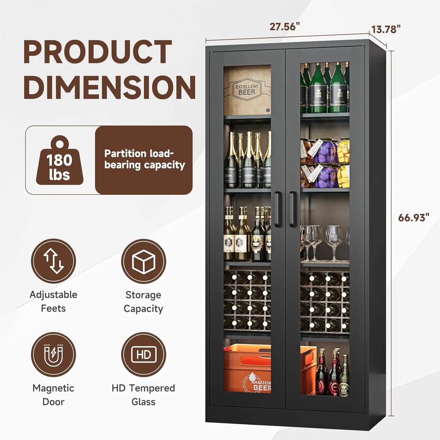67" Glass Door Display Cabinet with 4 Adjustable Shelves, Heavy Duty Steel Storage Case for Home Office
