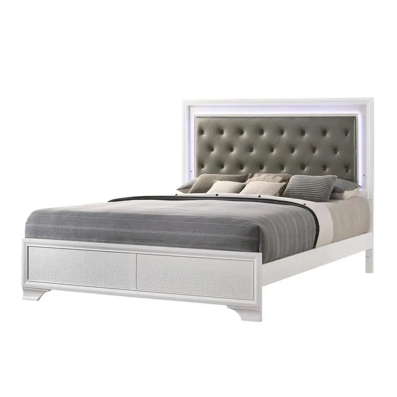 Modern White Crocodile Skin Finish King Size LED Panel Bed Faux Diamond Tufted Bedroom Furniture Set