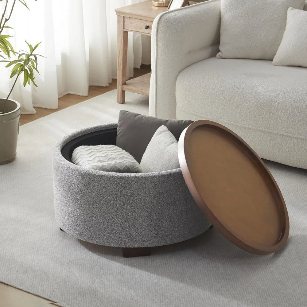30 Inch Round Storage Ottoman Coffee Table, Modern Boucle Fabric with Lift-Off Lid and Solid Wood Legs for Living Room, Bedroom