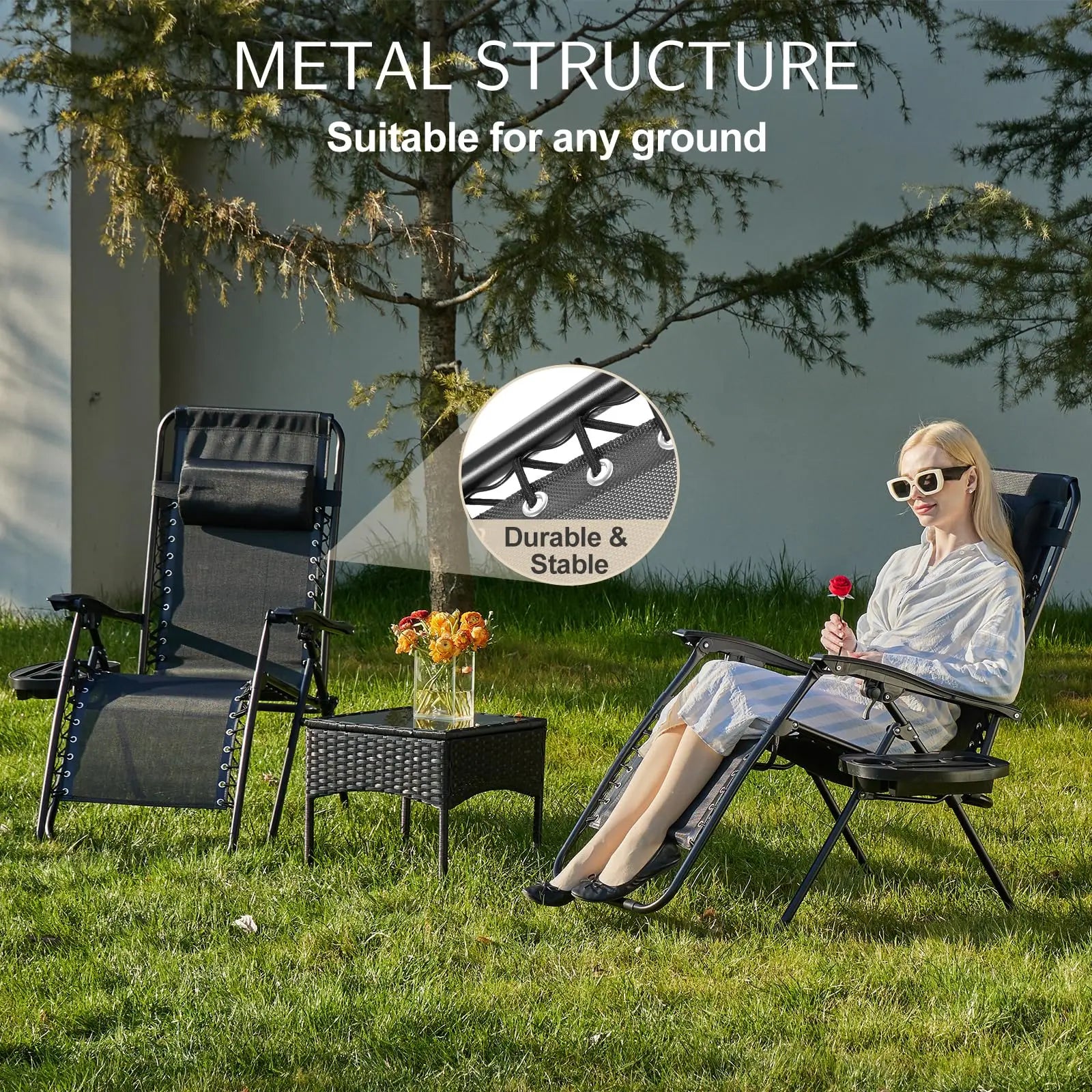 Zero Gravity Portable Recliner Camping Patio Outdoor Garden Lounge Chair with Cup Holder Trays Adjustable Pillow for Backyard