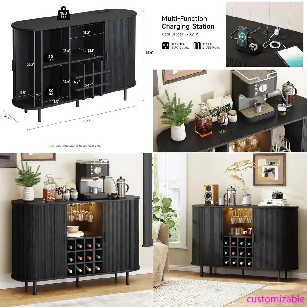 Modern Farmhouse-Style Wine/ Bar Cabinet with LED Lighting, Liquor/Whiskey Storage, and Glass Holder