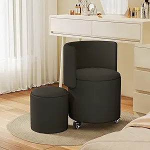 Round Vanity Chair with Storage, Rolling PU Leather Swivel  Makeup Stool Chair with Folding Back, Upholstered Ottoman