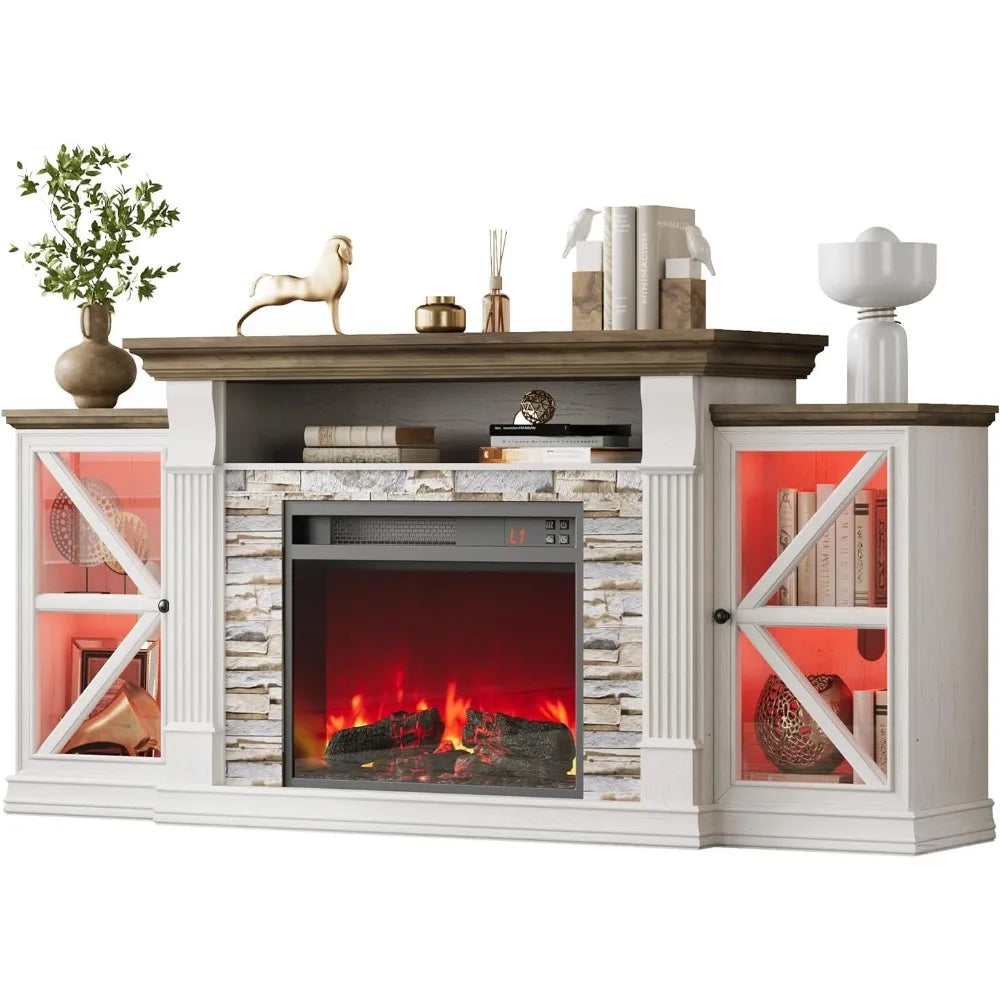 Electric Fireplace TV Stand, 70" Farmhouse Entertainment Center with Open Shelf and Glass Barn Door Cabniet,