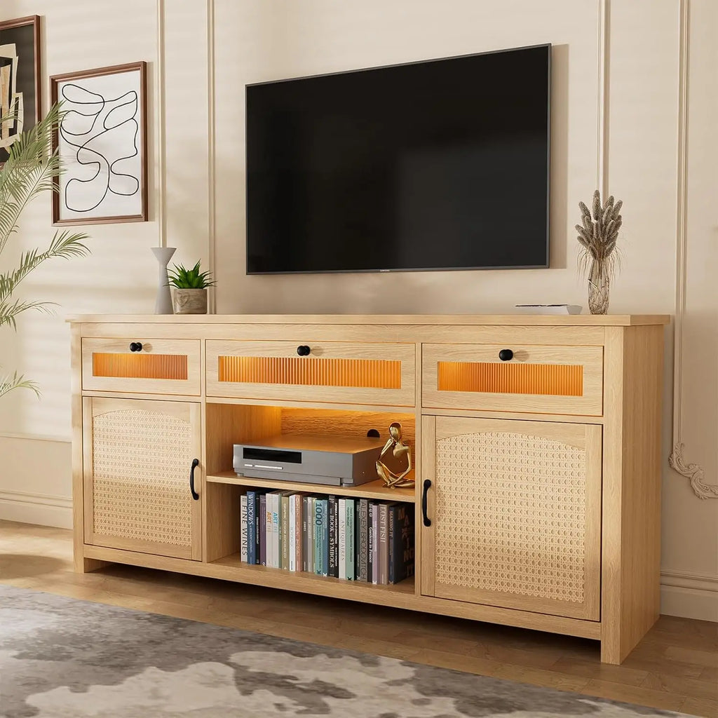 LED TV Stands for for 65" TV, Entertainment Center with 2 Storage Cabinets and Barn Doors, 59" TV Console with 3 Drawers