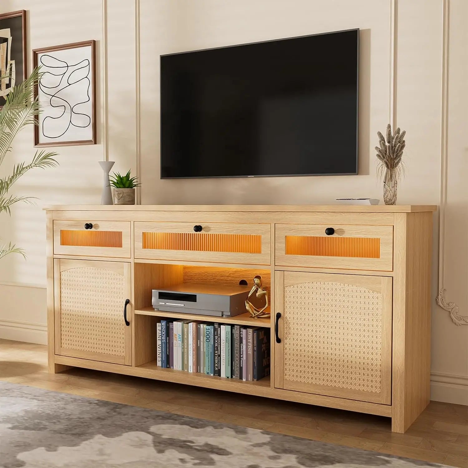 LED TV Stands for for 65" TV, Entertainment Center with 2 Storage Cabinets and Barn Doors, 59" TV Console with 3 Drawers