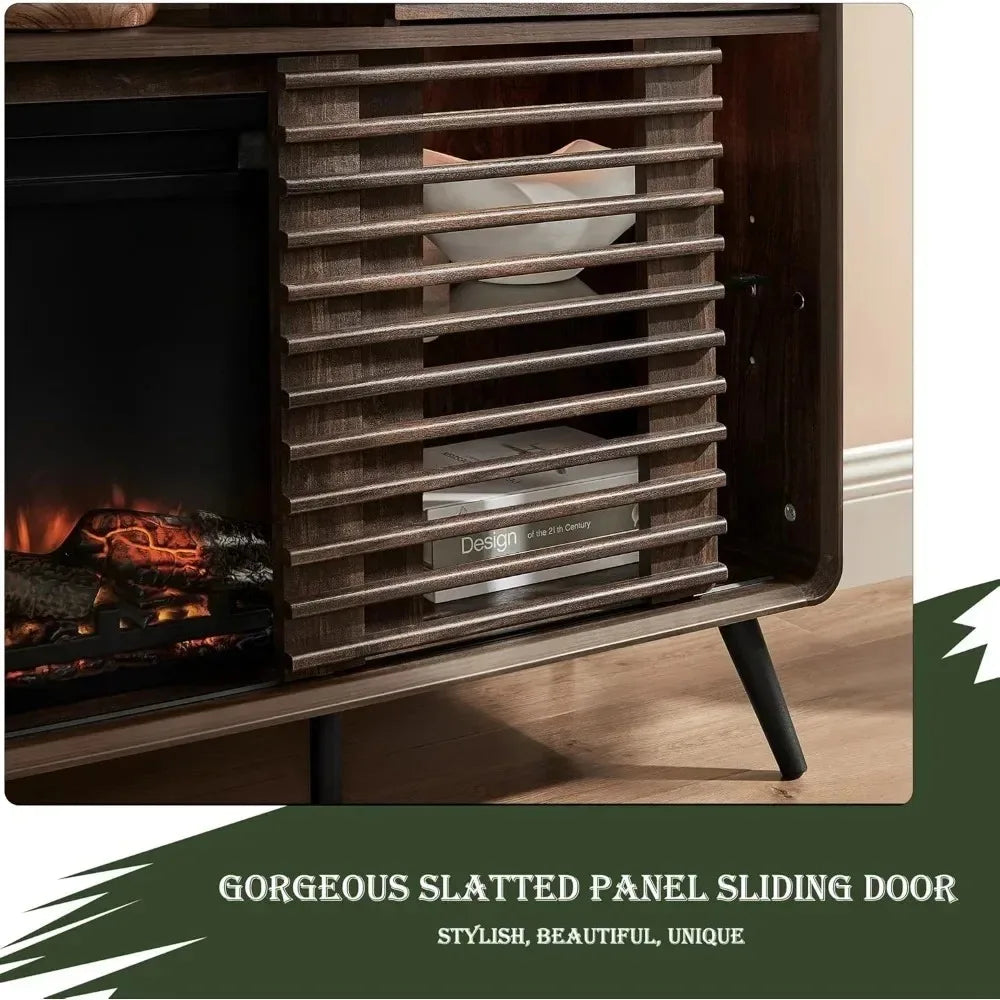 Fireplace TV Stand for 80" TV, Mid Century Modern Entertainment Center with 36" Electric Fireplace & Led Lights, Wood Media