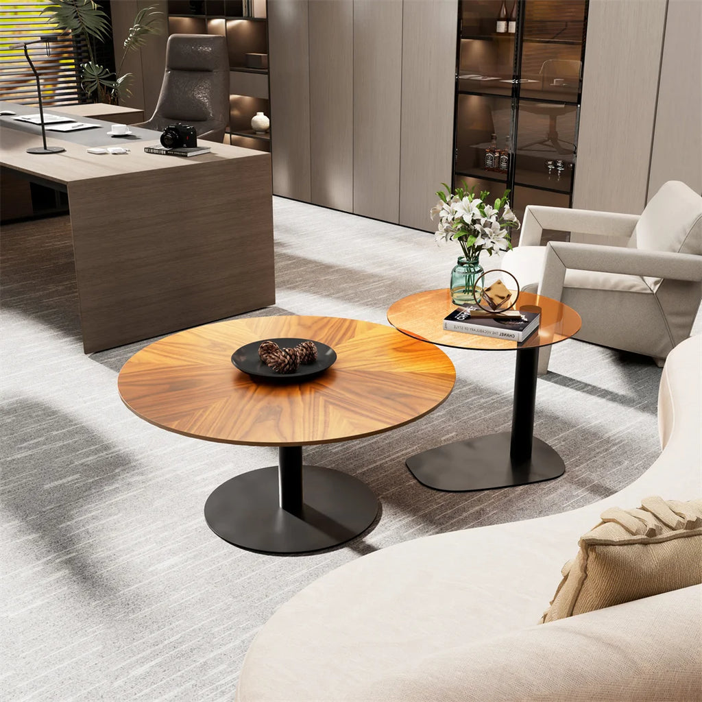 LUVODI Modern Round Marble Coffee Table Set of 2 Living Room Center Table Sofa Side Desk with Black Glass End Table w Metal Legs