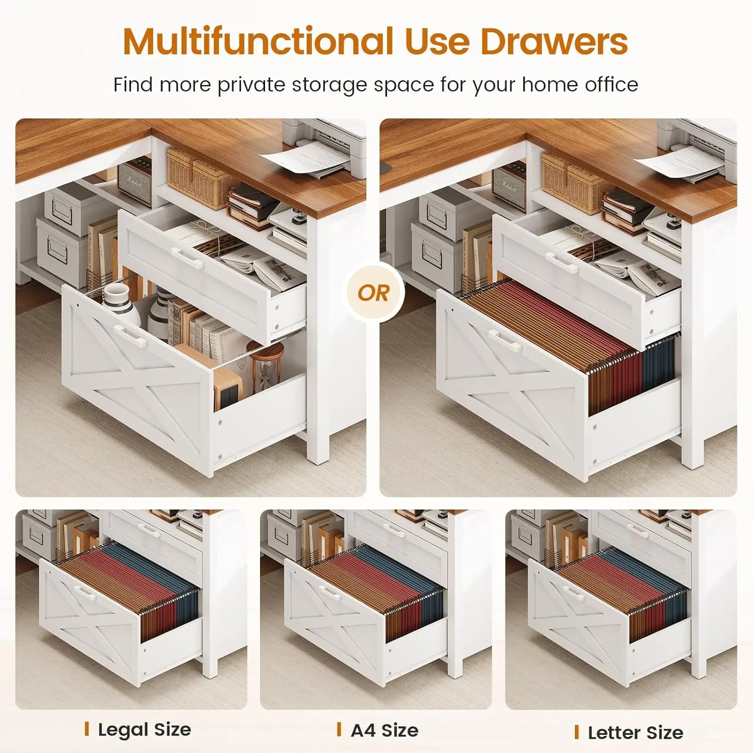 High Quality  Farmhouse L Shaped Desk, 55" Home Office Desk with Drawers and Storage Shelves, L Shaped Gaming Desk with LED Lights