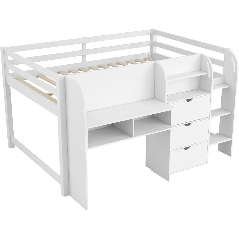 Modern Farmhouse Style Kids' Full Size Loft Bed with Desk, Storage, and Bookcase
