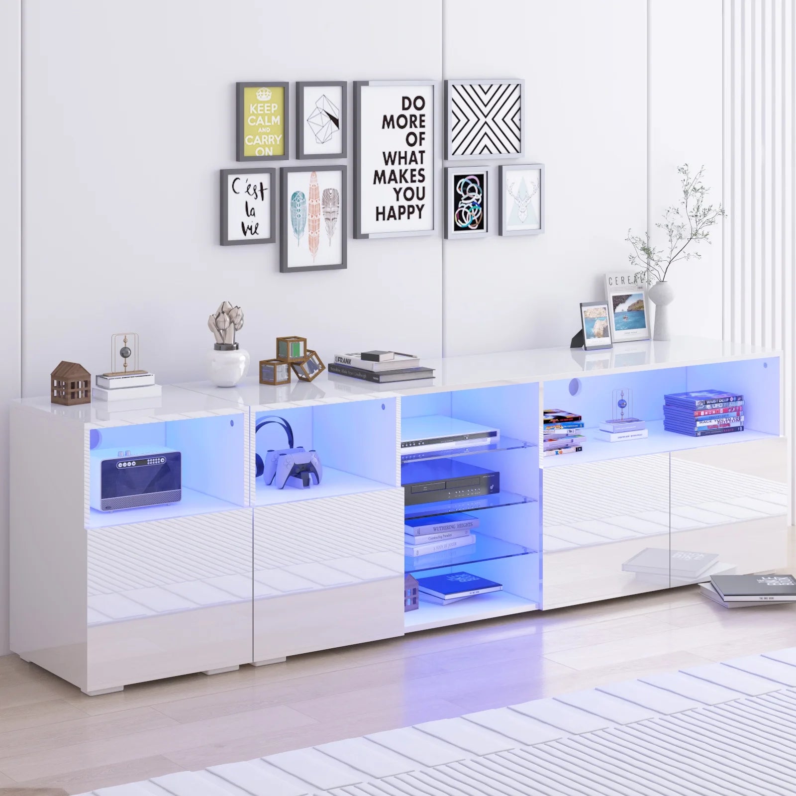 79" LED TV Stand for 75/80/85" TV,  High Gloss TV Cabinet w/Adjustable Storage Shelf, Modern Entertainment Center, White/Black