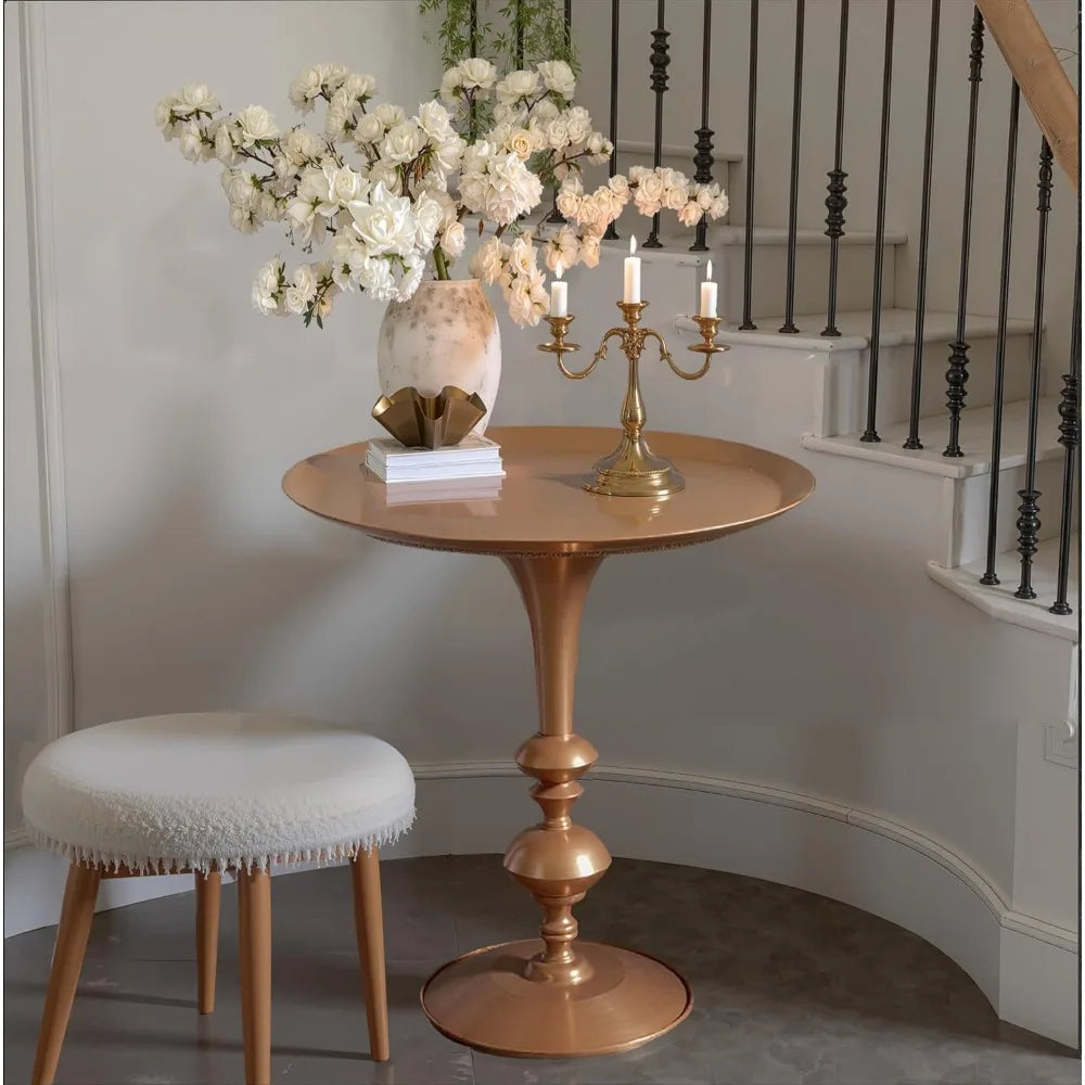 Small Round Gold End Table, 29.3 Height, Vintage Metal Accent, Art Deco Design, Multi-Functional Side Table for Living Room
