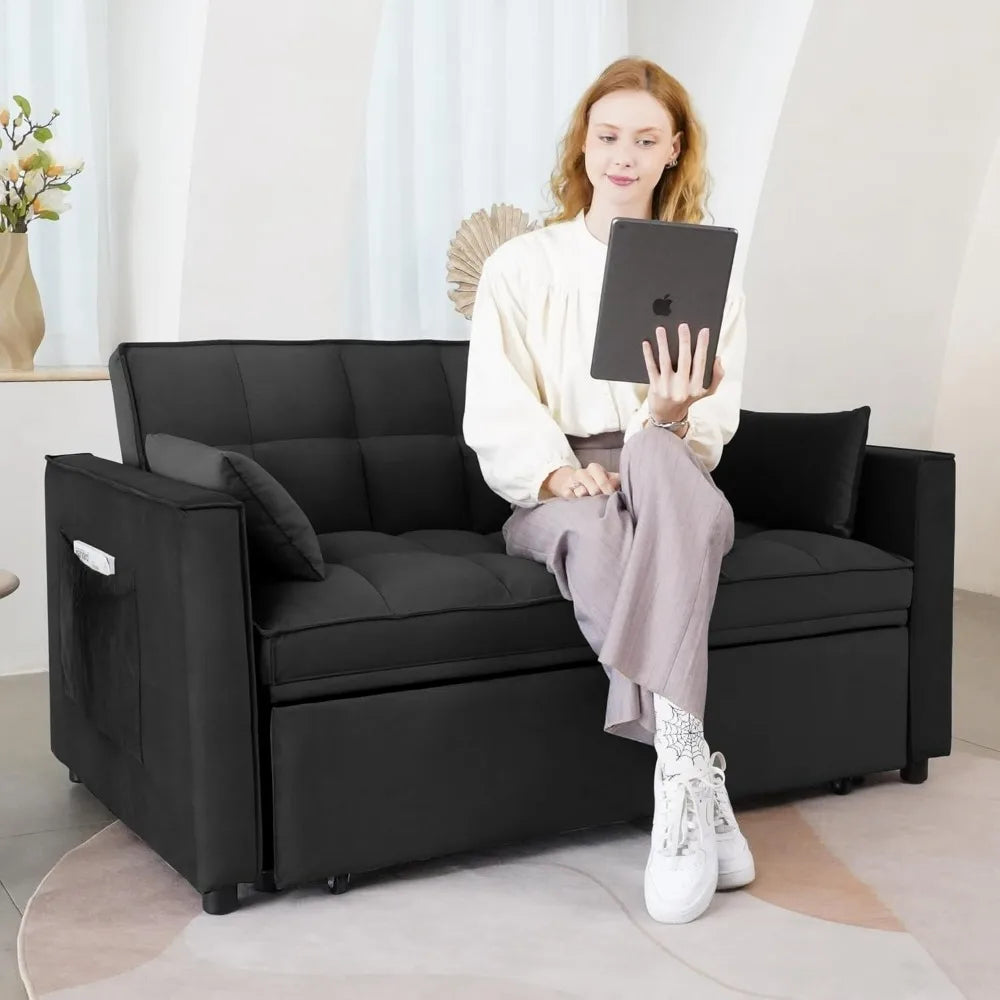 55.3 Inch 3-in-1 Velvet Futon Bed and Loveseat, Convertible Sleeper Sofa with Pillows and Pockets for Living Rooms and Apartment