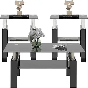 Black Glass Coffee Table Set of 3 Piece, Living Room Tables Set of 3 Pcs, Including 1 Coffee Table and 2 End Side Tables, Metal