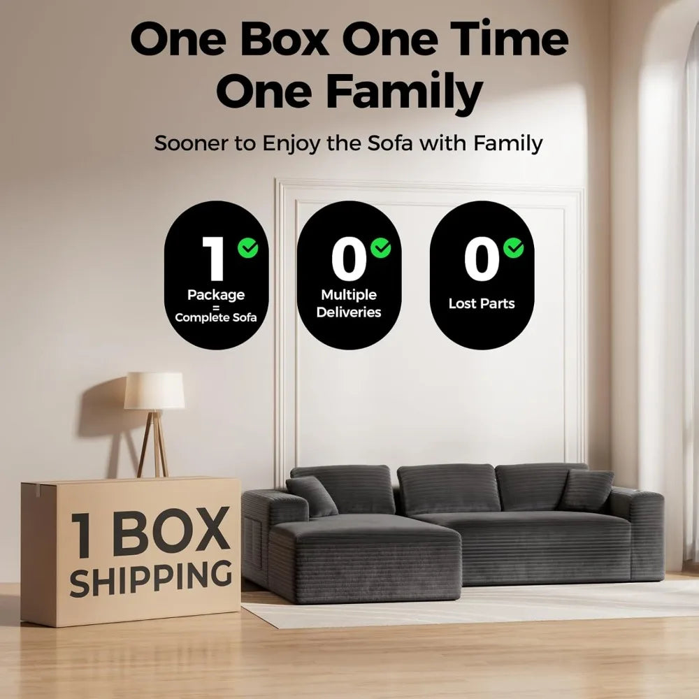 Compressed Modular L-Shaped Sofa with Deep Seating, Cloud Sectional Couch in a Single Box, Corduroy Fabric